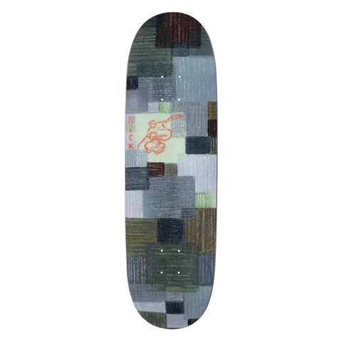 Frog Little Red (Nick Michel) skateboard deck: A patchwork of coloured-pencil rectangles in greys, greens and browns, with a small pale green panel showing an orange outline of a skater mid-trick, with NICK lettered beside it. Shown on a wide shape.