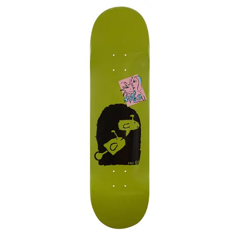 Frog Lonesome Fishes - Pat G skateboard deck: Olive green deck with a black arched shape containing two fish-like heads in green, and a pink sticker-style illustration of two faces with the Frog name in blue. Signed Pat G.
