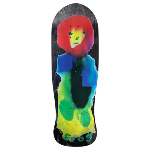 Frog Loomer 9.8 skateboard deck: A naive painted figure with a big red hair shape, a yellow face and a blue, green and yellow body in watery colour washes, on a black-stained old-school shaped deck. Frog is written at the tail in green.