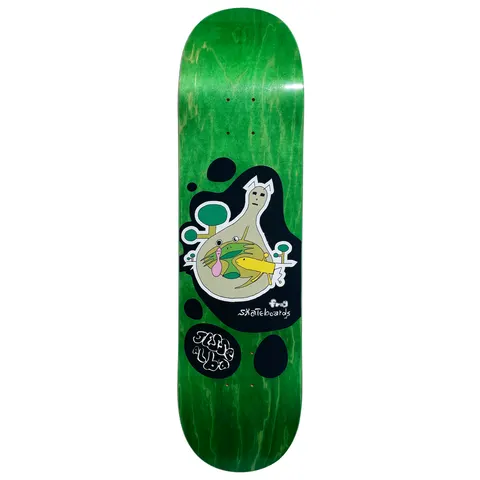 Frog Micro Biome (Jesse Alba) skateboard deck: A pale pear-shaped glass jar with a cat-like head holds a small garden of animals, a frog, fish and plants, inside a black blob shape with trees, on a green stained deck. Brand and rider names in bubble lettering.