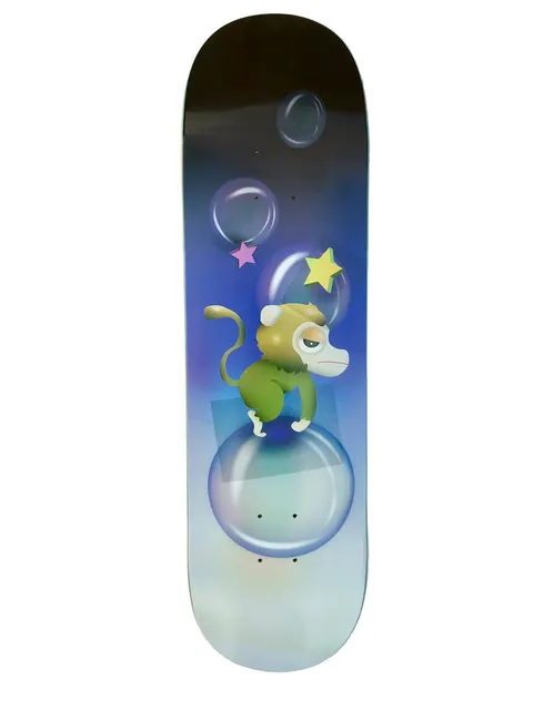 Frog Monkey Bubble 8.5 skateboard deck: Glum-looking green monkey standing on a translucent bubble, with other bubbles and two small stars around it, on a dark-to-blue airbrushed gradient fading to pale blue.