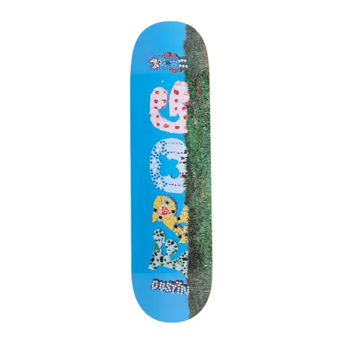 Frog Mosaic (Dustin Henry) skateboard deck: Photo of a grassy bank under a bright blue sky, with the Frog name spelled in colourful mosaic tile lettering on its side and a small mosaic creature at the top. Rider name runs along the bottom.