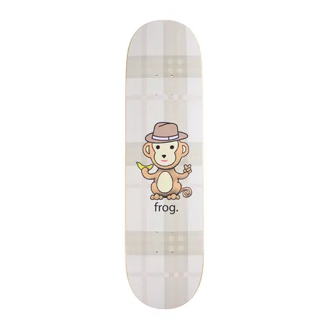 Frog Mr. Mon - kay (Jesse Alba) skateboard deck: Cartoon monkey in a brown fedora holding a banana and making a peace sign, with 'frog.' beneath, on a cream and beige plaid-patterned deck.
