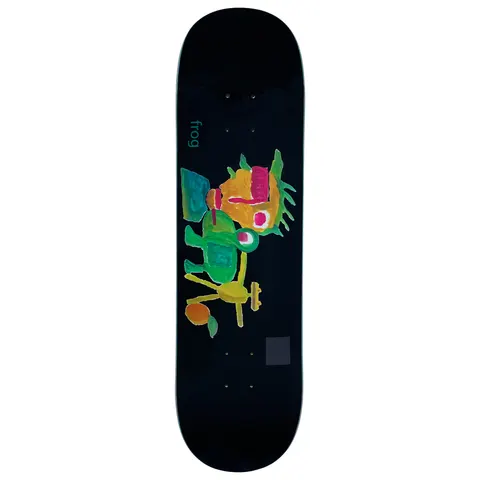 Frog My Painting skateboard deck: A child-like painting in bright colours of a green frog-like creature and an orange face figure, with a small orange fruit, on a black deck. A small lower-case frog logo is on the left and a grey square sits near the tail.