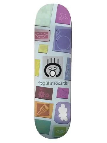 Frog New! Special! 8.25 skateboard deck: Grid of tilted pastel tiles with simple icons such as lips, aeroplane, heart, star, paintbrush, cogs, cloud and eye, around a central grey tile showing the screaming-face logo.