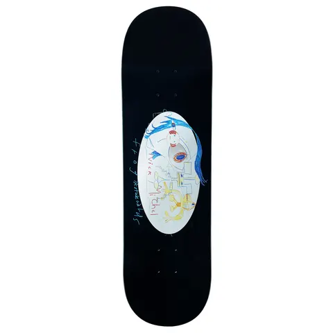Frog Mysterious Eye (Nick Michel) 8.25 skateboard deck: A childlike drawing in a white oval on a black deck, showing a large eye with long blue hair, a small yellow figure and scribbled lines. Nick Michel and Frog Skateboards are written by hand.