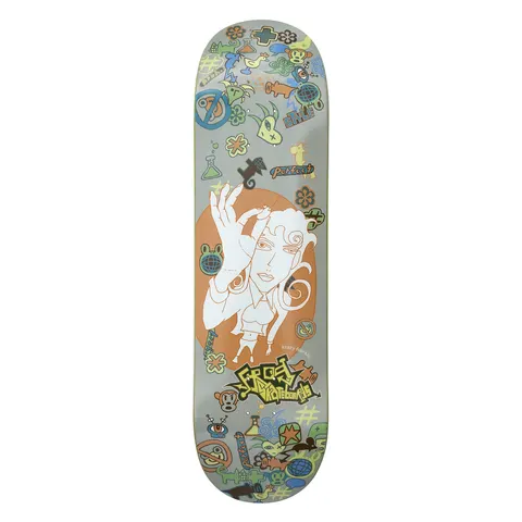 Frog No Frog Zone (Frankie Decker) skateboard deck: Grey deck with a white line drawing of a woman making an 'OK' sign over her eye, on an orange oval, surrounded by a scatter of small icons including monkeys, globes, flowers, no-entry signs and animals. Green and black Frog graffiti-style logo below.