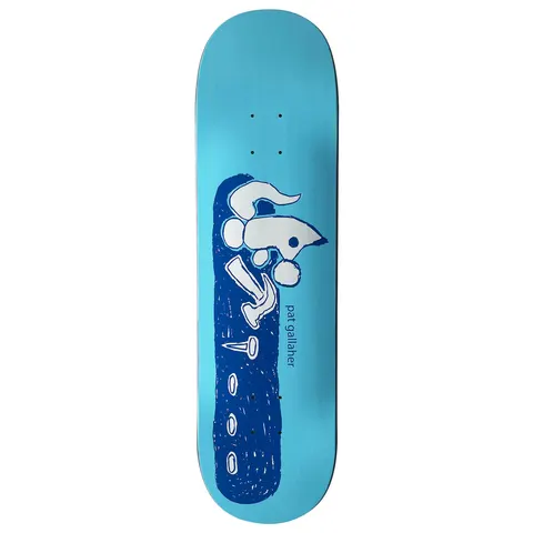 Frog Okay Squirrel (Pat G) 8.25 skateboard deck: Naive, hand-drawn blue and white illustration of a squirrel-like creature above a hammer, a nail and a row of oval holes, set on a dark blue panel. The rider's name is written in lower-case beside it.