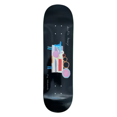 Frog Painted Cow (Dustin Henry) skateboard deck: A loose, naive painting of a cow-like shape built from blocks, circles and rings in pink, red, blue and cream, with blue legs. The rider name and Frog Skateboards are written in thin white handwriting on a black deck.