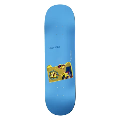 Frog Painting (Jesse Alba) skateboard deck: A naive painting of a yellow animal-like creature with a red head and a flower shape, on a flat blue deck, with small lowercase text beside it.