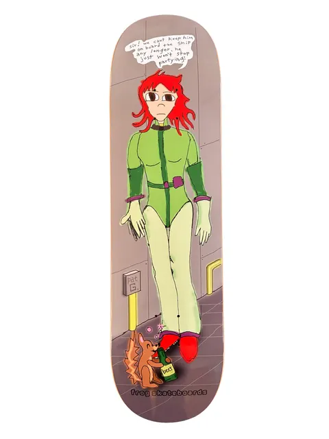 Frog Party Squirrel (Pat G) skateboard deck: A hand-drawn manga-style figure with red hair and a green space suit stands on a grey spaceship floor, with a speech bubble complaining he will not stop partying. A small hedgehog or squirrel holds a bottle of beer at the feet.