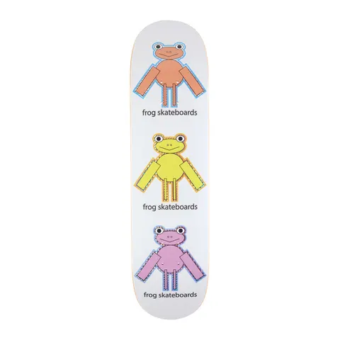 Frog Perfect Frog skateboard deck: Three simple cartoon frogs stacked vertically, each with blocky arms and thin legs, drawn in orange, yellow and pink with dotted outlines, each with the words frog skateboards beneath, on a white deck.