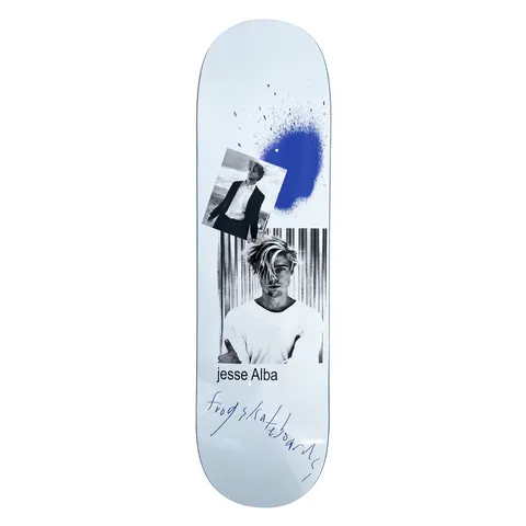 Frog Role Model (Jesse Alba) skateboard deck: Collage of two black and white photos of a blond man, one in a suit on a beach and one in a white t-shirt, with a blue spray-paint splash on a pale blue deck. Handwritten Frog Skateboards signature at the bottom.