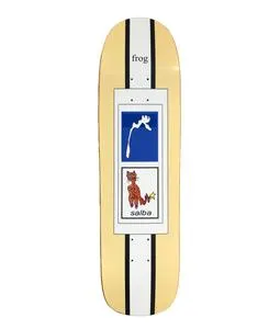 Frog Salba Custom 8.8 skateboard deck: Cream deck with two black and white racing-style stripes running its length. A white panel in the middle holds a blue square with a white drooping flower and a boxed child-like drawing of a red-brown cat with a yellow star.