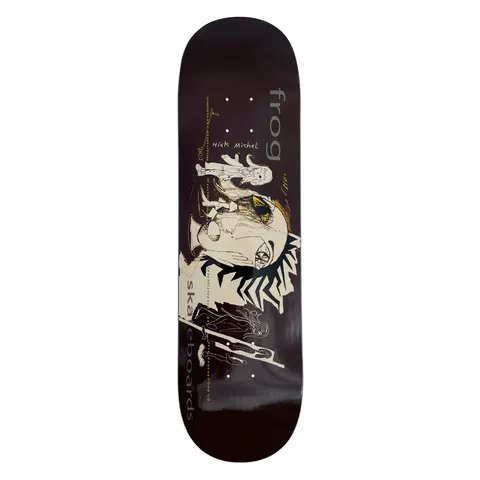 Frog Screamers (Nick Michel) skateboard deck: Dark maroon deck with a sketchy line-drawn scene of figures and a large cream face with jagged black hair, with fine dotted lines and small gold details. Frog skateboards is printed in grey along the edge.