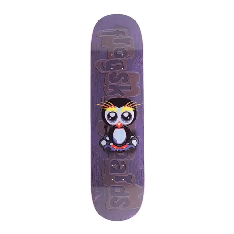 Frog Secret Penguin (Frankie Decker) skateboard deck: Large-eyed cartoon penguin with yellow crest feathers, sitting centrally over a big faded 'frog skateboards' logo on a purple swirled background.