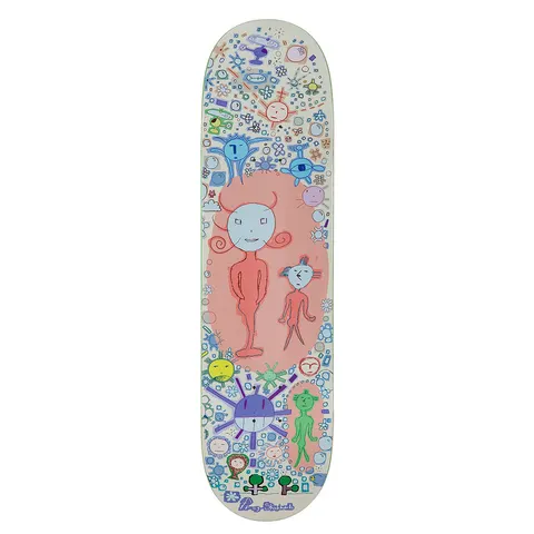 Frog Sensational! (Beige) skateboard deck: Naive child-like drawing of a pink-skinned figure with a pale blue head beside a smaller figure on a pink oval, surrounded by tiny suns, flowers, faces and bubbles in pastel colours on a beige deck.