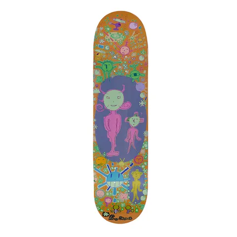 Frog Sensational! (Orange) skateboard deck: Orange deck covered in naive, childlike drawings: a large green-faced pink figure with a smaller figure inside a purple oval, ringed by small colourful faces, suns, flowers and planets. A small signature sits at the bottom.