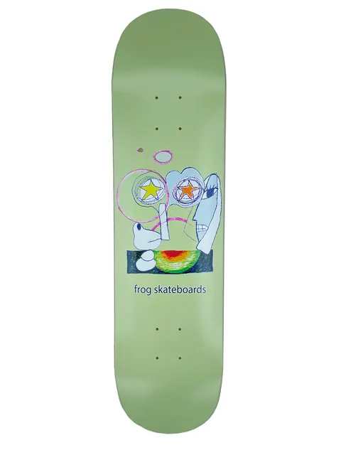 Frog Senseless 8.0 skateboard deck: Naive, scribbled drawing on a pale green deck: a blue-white face in profile with star-filled circles as eyes, a hand, and a red, yellow and green blob beneath. Frog skateboards lettering below.