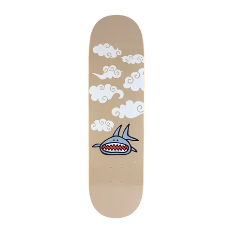 Frog Shark (Jesse Alba) skateboard deck: A simple cartoon shark with a wide zigzag-toothed mouth swims below a scattering of white swirly clouds on a tan deck, with a faint rider name written near the shark.