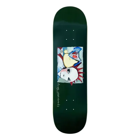 Frog Spikey Man (Dark Green) skateboard deck: Small abstract painting of a white spiky-haired face in profile beside a yellow creature, with red and blue patches, set on a dark green deck. Frog Skateboards written in small white handwriting beside it.
