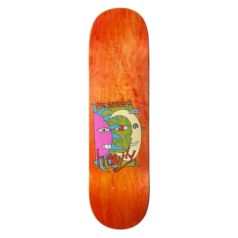Frog Sun - Star - Moon (Dustin Henry) skateboard deck: A cubist-style drawing of a pink face beside a cream crescent moon face with a green star and blue shapes behind, on an orange-red stained deck, with frog skateboards and Henry lettering.