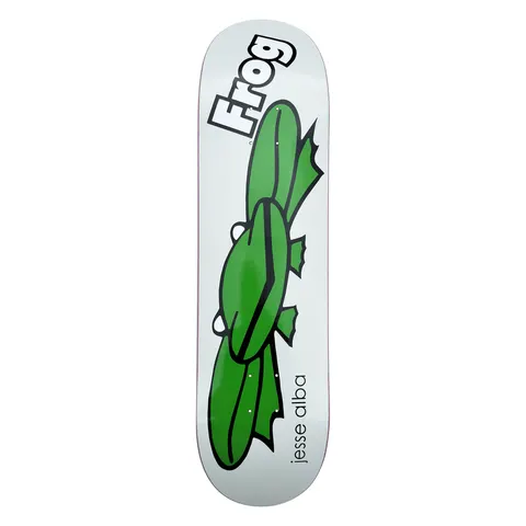 Frog Tech (Jesse Alba) skateboard deck: A simple cartoon green frog seen from above with black outlines, sprawled diagonally across a pale grey deck, with a Frog logo at the top and the rider name in lowercase near the tail.