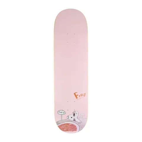 Frog Technique (Pat G) skateboard deck: Plain pale pink deck with a small orange Frog logo and a naive drawing of a white creature lying on a hill beside a sign marked 'Pat G' near the tail.