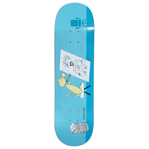 Frog The Artist (Chris Milic) skateboard deck: Pale blue deck showing a cartoon cat holding a pencil, drawing a shaggy-haired figure on a sheet of lined paper, with a stack of drawings at the tail and a small chair-like logo at the top.