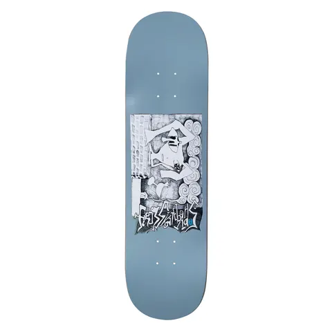 Frog Thinking... skateboard deck: Blue-grey deck with a black and white pen drawing panel of an odd figure with cloud-like swirls beside a brick wall, with spiky graffiti-style lettering beneath.