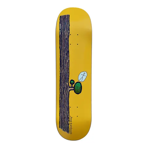 Frog Tree Jump - Jesse Alba (Orange) skateboard deck: A tall striped tree trunk in navy and brown with a small green tree on a branch, and a speech bubble containing a stick figure, on a mustard orange deck. Small 'frog skateboards' text at the base.