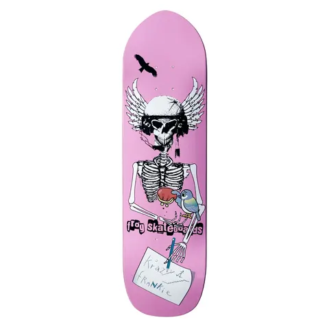 Frog Twisted Pilot (Frankie Decker) skateboard deck: A winged skeleton in a pilot's helmet and headset, with a heart in its rib cage and a blue bird perched on its arm, writing a handwritten note signed Krazy Frankie. A black bird flies above on a pink deck.