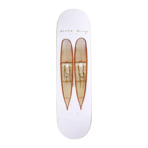 Frog Uncle (Dustin Henry) skateboard deck: Photo of a pair of traditional wooden and rawhide snowshoes on a white deck, with dustin henry in small green handwriting above.