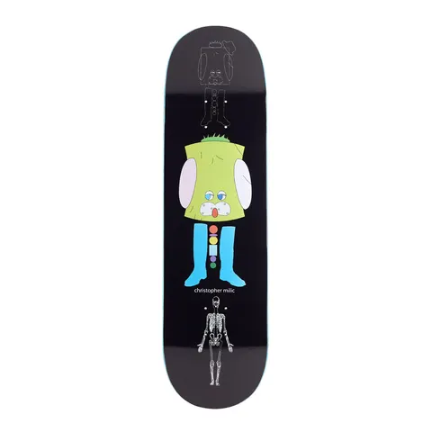 Frog Vector World (Chris Milic) skateboard deck: Naive cartoon figure with a green body, pink ears, a surprised face and blue boots, standing between a faint line-drawn figure above and an X-ray skeleton below, on black. Small coloured dots run down its middle.