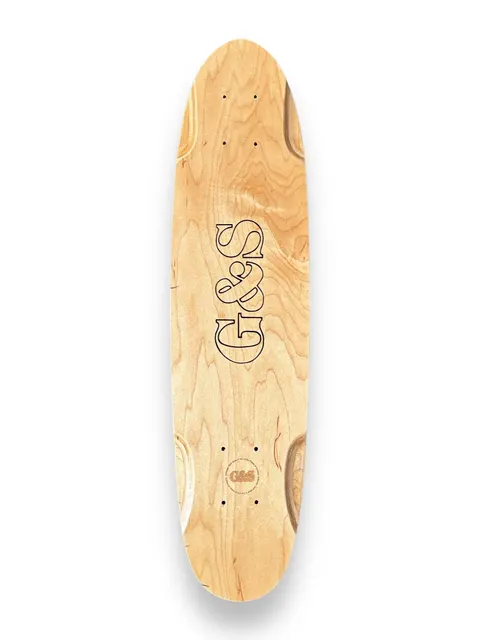 G&S 29 G&S Warp 2 Roundtail - Natural Wood skateboard deck: A natural maple wood deck with a black outlined G&S logo set vertically and a small round G&S logo near the tail. Roundtail cruiser shape with wheel cut-outs.