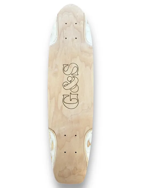 G&S 29 G&S KT - 4 Squaretail Flat Kick - Natural Wood skateboard deck: Natural wood squaretail cruiser shape with a large outlined G&S logo in a serif ampersand style stacked vertically along the centre. Shows white wood inserts at the nose and tail corners.