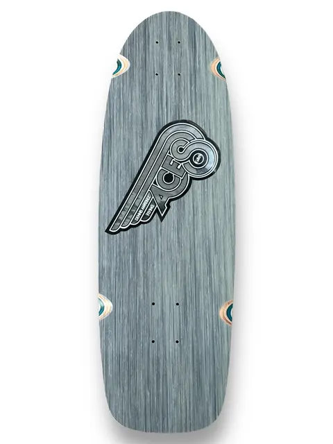 G&S Fibreflex Dennis Martinezs Flying Aces - Multiple Colors skateboard deck: A chrome and grey winged emblem with the word Aces in an old-school badge design on a grey fibreglass-look deck with a retro shape and teal-ringed wheel cut-outs.