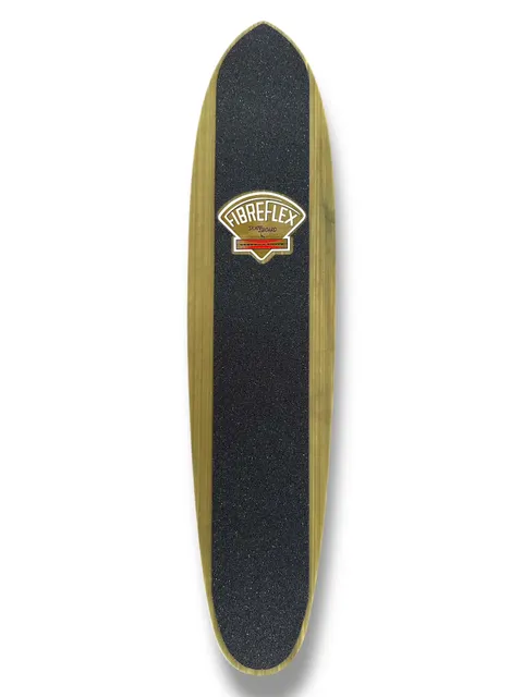 G&S FibreFlex - 28 Classic Slalom Model - Olive Stripe skateboard deck: Long, narrow slalom-style deck with black grip tape and natural wood edges showing an olive green stripe. A gold and red Fibreflex Skateboard badge shaped like a fan sits near the top.