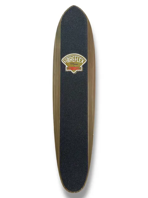 G&S FibreFlex - 28 Classic Slalom Model - Slate Brown Stripe skateboard deck: Narrow slalom-shaped deck seen from above with black griptape and a small Fibreflex fan-shaped logo badge, with striped brown wood edges visible either side.