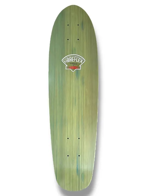 G&S Fibreflex BowlRider - Moss skateboard deck: Plain moss-green laminate deck with visible vertical grain and no artwork apart from a small Fibreflex fan-shaped logo sticker near the nose. The shape is a rounded cruiser.