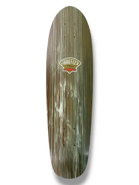 G&S Fibreflex BowlRider - Multi skateboard deck: Cruiser-shaped deck with a streaky, multi-layered wood-grain finish in olive, brown and pale blue-green, with a small gold Fibreflex badge near the top.