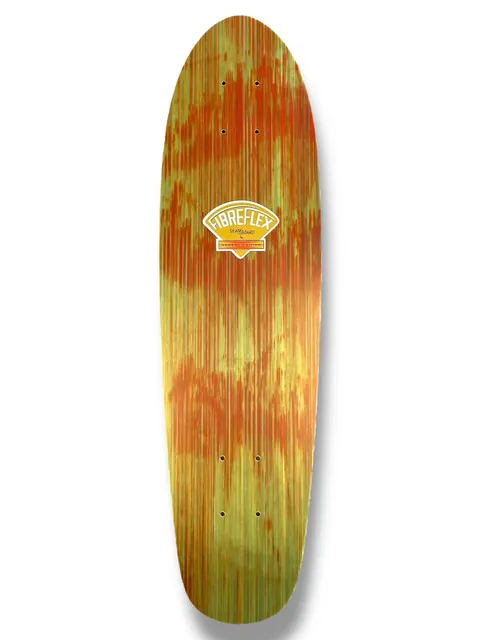 G&S Fibreflex BowlRider - Red/ Green skateboard deck: Cruiser-shaped deck with a streaky red and green stained finish showing the fibre layers, and a cream and orange fan-shaped Fibreflex Skateboard logo near the top.