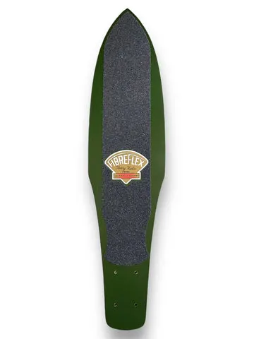 G&S FibreFlex Henry Hester Signature Model - Solid Green skateboard deck: Plain dark green pointed-nose cruiser-style deck with a black grip panel and a small gold and red Fibreflex signature model badge in the middle. No other artwork.