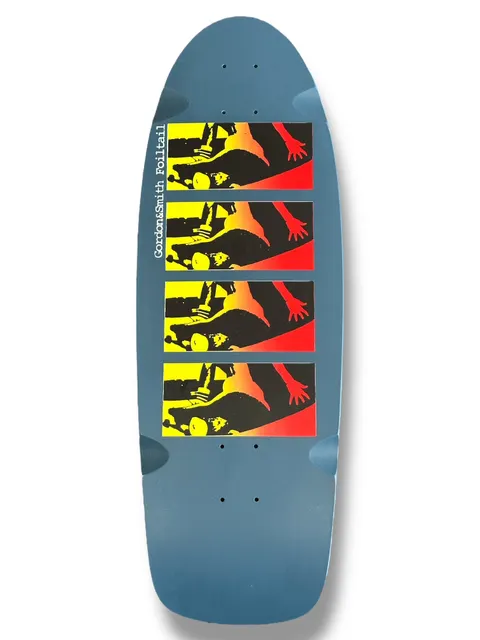 G&S FoilTail - Slate Blue skateboard deck: Four stacked rectangular panels repeat a silhouetted skater crouched on a board with an outstretched hand, printed in black with a yellow to red gradient. Vertical text runs beside them on a slate blue old-school shape.