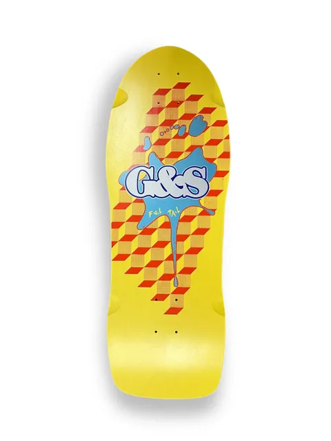 G&S FoilTail Yellow with Blue Metallic Splat skateboard deck: Blue graffiti-style G&S logo with a blue paint splat and drip, over a stack of orange and red isometric cubes on a yellow deck, with Fuil Tail written beneath. Old-school Foiltail shape.