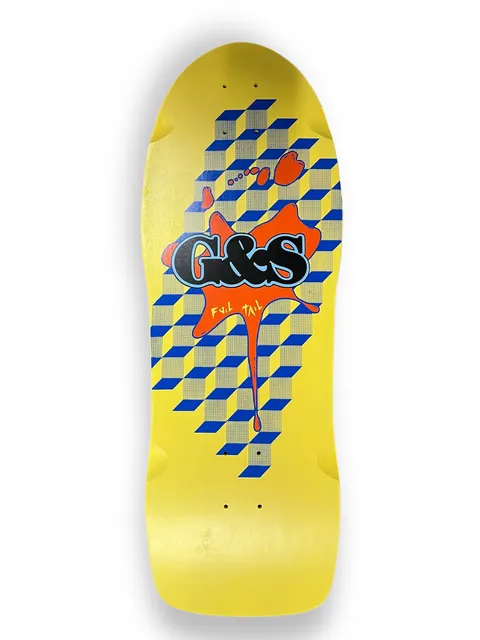G&S FoilTail Yellow with Orange Splat skateboard deck: A cascade of blue and grey isometric cubes on a yellow old-school deck, with a red-orange paint splat carrying a black bubble-letter G&S logo and 'Foil Tail' in yellow handwriting.