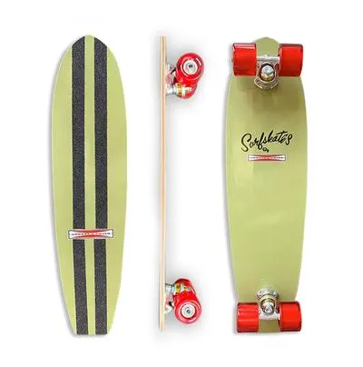G&S modified 60s SurfSkate - 25 Olive Green skateboard deck: A small olive green surf-style board with two black grip tape stripes on top, red wheels, and a small plate logo. The underside has Surfskates script and a red and white label. Top, side and underside are shown.