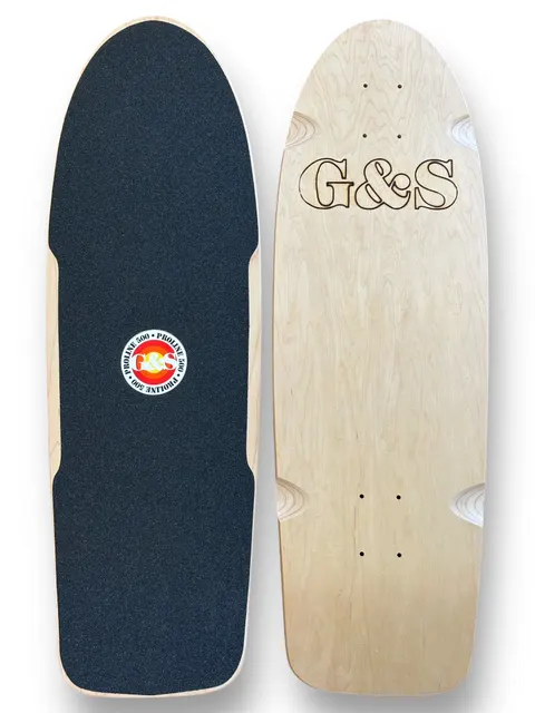 G&S ProLine 500 - Red skateboard deck: Shaped old-school deck in natural maple with a plain outlined G&S logo burned or printed across the top; the grip side carries a round red, orange and white Proline 500 sticker. No other graphic.