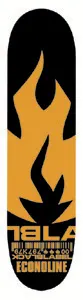 Black Label Chopped Flame skateboard deck: A large orange flame silhouette on a black deck with Black Label letters cut into the base, a barcode and the word Econoline beneath.