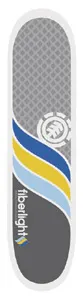 Element Balance Fiberlight skateboard deck: A grey diamond-patterned deck with sweeping blue, yellow and pale blue stripes curving across it. The white Element logo sits at upper right and 'fiberlight' is printed at the tail.